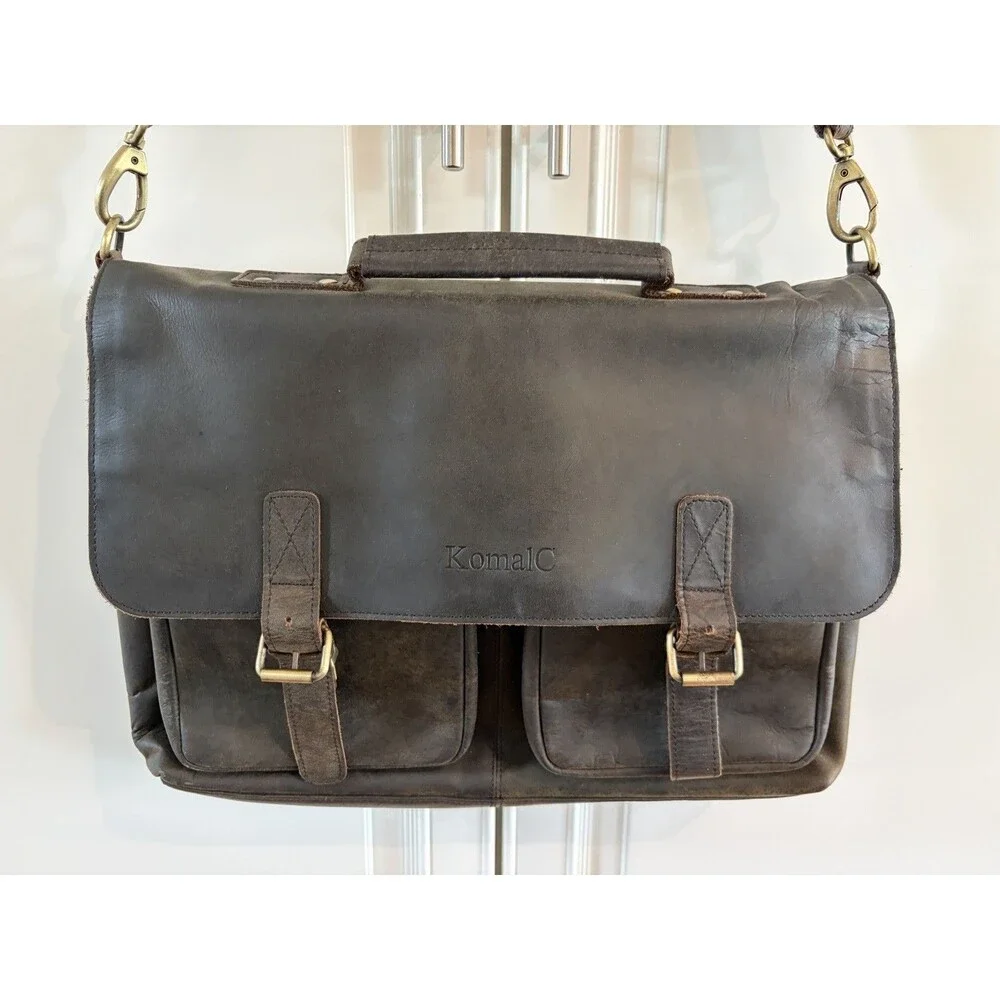 KomalC Brown Tan Buffalo Leather Briefcase Laptop Messenger Satchel Bag 16